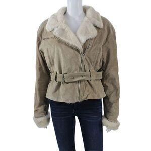 Explorations Women Biker Bomber Leather Nylon Jacket Beige Buckle Size M